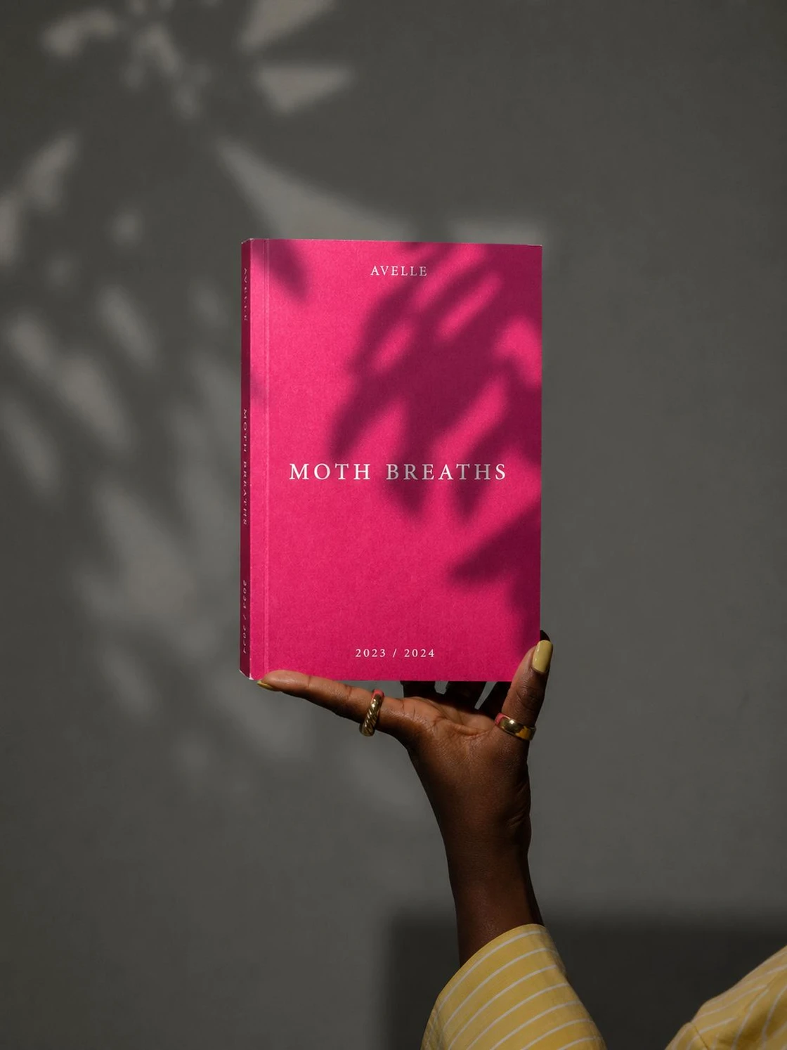 A pink paperback journal, Moth Breaths, held up in dappled light